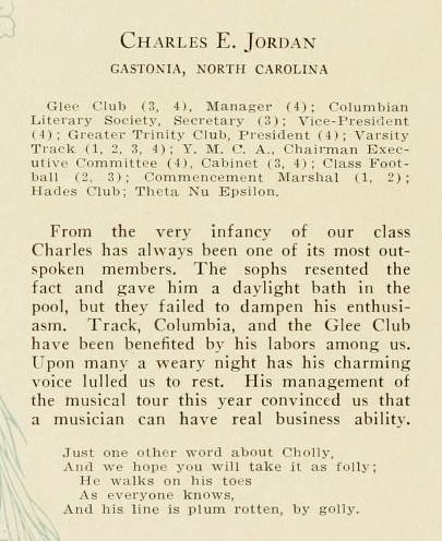Biographical sketch of Charles E. Jordan, from the Trinity College yearbook <i>The Chanticleer</i>, 1923.  Image courtesy of the Duke University Archives, presented on DigitalNC. 
