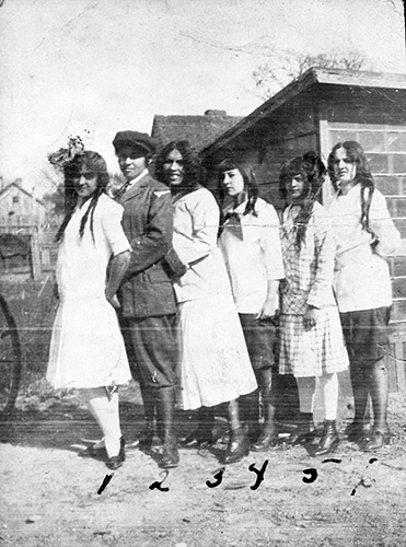 Photograph with Willie Otey, ca. 1910-1920s. Left to right: Willie Virginia Otey (Willie Otey Kay), Gladys Cale Boyd, Comma Hunter, Elizabeth Otey, and Louise Hoover. Photograph courtesy of Ralph Campbell, Jr., from the collection of the State Archives of North Carolina. Item N_93_9_3.