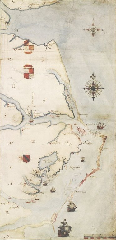Map of the Roanoke area by John White, 1585. Image from the Wikimedia Commons.