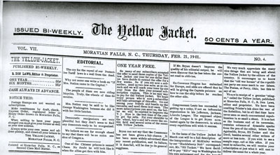 Image of the masthead R. Don Laws' <i>The Yellow Jacket</i> (Moravian Falls, N.C.), Thursday, February 21, 1901.  From the collections of the Government & Heritage Library, State Library of North Carolina. 