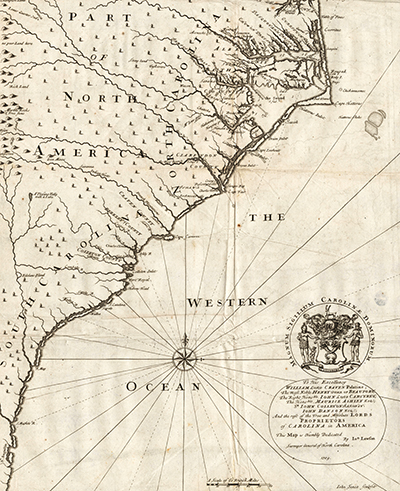 John Lawson's 1709 map of North Carolina. Image from NC Maps.