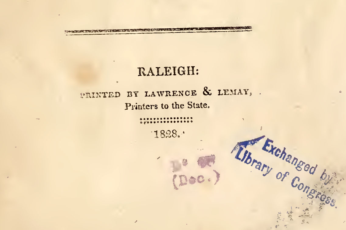 Excerpt of title page showing publishers Lawrence & Lemay, from the North Carolina General Assembly <i>Report on the Subject of Cotten and Woolen Manufactories. And on the Growing of Woof in North Carolina,</i> published 1828, Raleigh, North Carolina. From the North Carolina State Documents Collection, State Library of North Carolina. North Carolina Digital Collections. 
