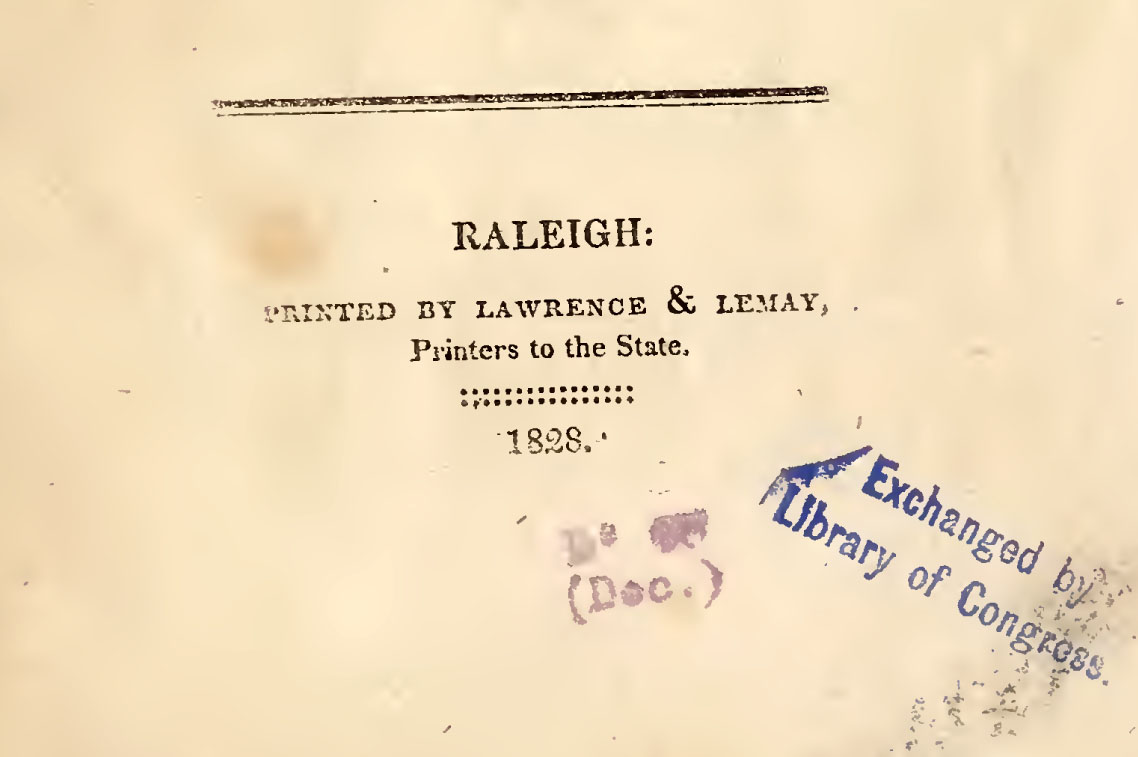 Excerpt of title page showing publishers Lawrence & Lemay, from the North Carolina General Assembly <i>Report on the Subject of Cotten and Woolen Manufactories. And on the Growing of Woof in North Carolina,</i> published 1828, Raleigh, North Carolina. From the North Carolina State Documents Collection, State Library of North Carolina. North Carolina Digital Collections.