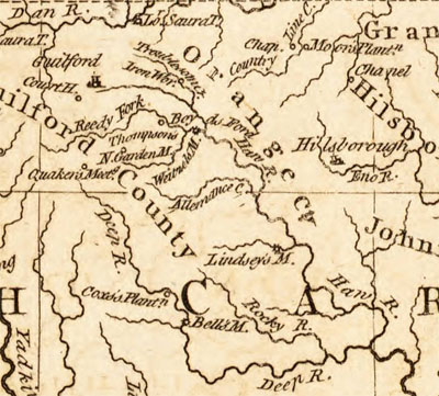 Closeup section of Thomas Kitchin's 1781 map of "The seat of war in the southern part of Virginia, North Carolina, and the northern part of South Carolina."  Lindley's Mill is shown near the center of the image along a tributary of the Haw River.  Published 1781 by R. Baldwin, detached from the London Magazine, Vol. 50 (June 1781).  From the North Carolina Collection, on North Carolina Maps. 
