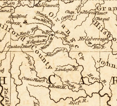 Closeup section of Thomas Kitchin's 1781 map of "The seat of war in the southern part of Virginia, North Carolina, and the northern part of South Carolina." Lindley's Mill is shown near the center of the image along a tributary of the Haw River. Published 1781 by R. Baldwin, detached from the London Magazine, Vol. 50 (June 1781). From the North Carolina Collection, on North Carolina Maps.