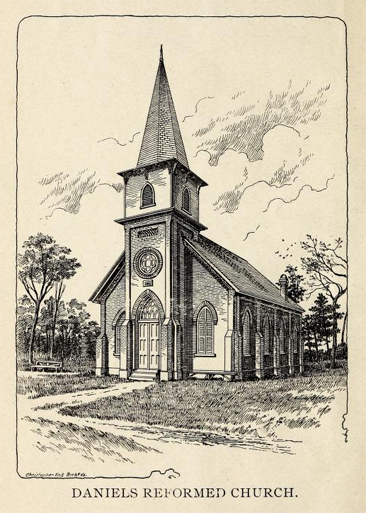Engraved image of "Daniel's Reformed Church," by Christopher Engraving, Richmond, Virginia.  From A. Nixon's <i>History of Daniel's Evangelical Lutheran & Reformed Churches</i>, published 1898 by A. L. Crouse & Son, Hickory, NC.  Presented on Archive.org.  The first church at Daniel's was built during Andrew Loretz's time as pastor and he was buried in the churchyard.