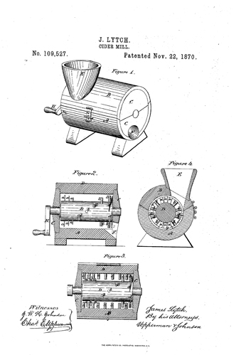 Patent drawing for James Lytch's Cider-Mill, US Patent Publication No. US109527, November 22, 1870.  Presented on Google Patents. 