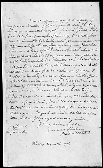 MacDonald's proclamation of February 26, 1776, just before the Battle of Moore's Creek Bridge. Image from the State Archives of North Carolina.