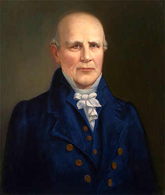 Portrait of Nathaniel Macon. He is balding and has grey hair features. He is wearing a blue suit. 