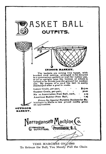 Image of an early basketball equipment advertisement from 1893.  From James Naismith's <i>Basket Ball : Its origin and Development</i>, p. [94-95], published 1941 by Association Press, New York.  Presented on Archive.org. 