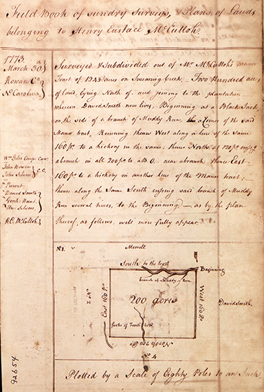 The first page of Henry Eustace McCulloh's survey book, showing a date of 1773. Image from the Southern Historical Collection, University of North Carolina at Chapel Hill. 