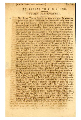 Image of the first page of the Rev. Jas. M'Gready's "An Appeal to the Young." A New Tract For Soldiers, No. 13, published 1861 by the General Tract Agency, N.C. Presented on Archive.org. 