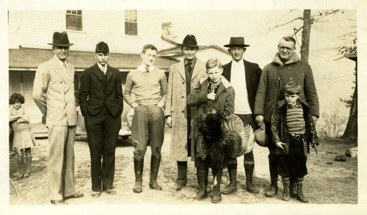 Black and white photograph of "Turkey Hunt", with Col. Don Scott, Maj. L.P McLendon & son, Haywood Smith, Pou Bailey, and C.T. MacClenaghan, circa 1930-1940.  Item H.1952.95.43 from the collections of the North Carolina Museum of History. Used courtesy of the North Carolina Department of Cultural Resources. 