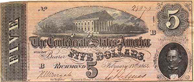 A Confederate five dollar bill from 1864, featuring a portrait of Christopher G. Memminger in the lower right corner. Image from the North Carolina Museum of History. 