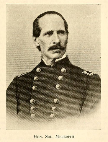 Portrait of General Solomon Meredith, from Jacob Piatt Dunn's <i>Indiana and Indianans,</i> Vol. II, p. 691, published 1919 by the American Historical Society, New York, N.Y.  Presented on Archive.org. 