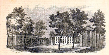 Antebellum era engraving of the University of North Carolina at Chapel Hill. Mitchell graduated from the University in 1821. From Evert A. Duyckinck's <i>Cyclopaedia of American Literature,</i> Vol. I, published 1856.  Presented on Archive.org. 