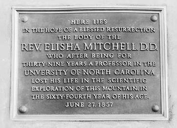 Photograph from 1928 of the memorial plaque set in the stone monument to Elisha Mitchell. Image from the North Carolina Museum of History.
