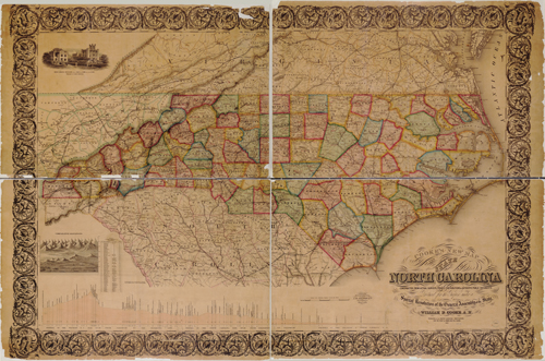 William Dewey Cooke and Samuel Pearce's  "New Map of the State of North Carolina," published 1857.  From the collections of the Library of Congress. 