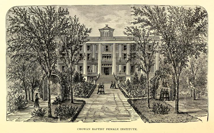 Engraved image of Chowan Baptist Female Institute, circa 1899, from the <i>Catalogue of Chowan Baptist Female Institute, Murfreesboro, N.C.</i>, Fifty-First Sesssion, 1898-99.  Published by the Presses of Edward & Broughton, Raleigh, N.C. Presented on Archive.org.  William Petty was elected president of Chowan Baptist Female Institute in 1896. 