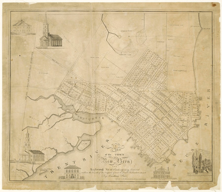Jonathan Price and Allen Fitch's "Plan of the Town of New Bern," published circa 1820s.  From the North Carolina Collection, University of North Carolina at Chapel Hill.  Presented on North Carolina Maps. 