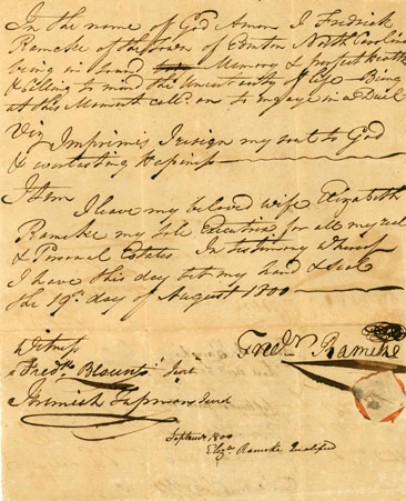 Will of Frederick Ramcke, 1800. Chowan County Wills, 1694-1938, Item C.R.024.801.18, State Archives of North Carolina.  Courtesy of the State Archives of North Carolina. 