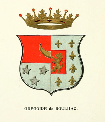 Coat of Arms of the Gregoire de Roulhac Family. From Helen M. Prescott's <i>Genealogical Memoir of the Roulhac Family in America</i>, published 1894 by the American Publishing & Engraving Co., Atlanta, Georgia.  Presented on Archive.org. 