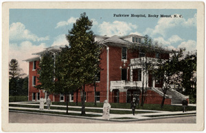 Postcard image of the Parkview Hosptial in Rocky Mount, NC.  From the Durwood Barbour Collection of North Carolina Postcards, North Carolina Photographic Archives, Wilson Library, University of North Carolina, Chapel Hill.  Claiborne Thweatt Smith joined the staff of Parkview Hospital in 1919. 