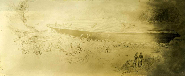 Photograph of a print of the building of the <i>CSS Albemarle</i>. Item H.1946.14.140 from the collections of the North Carolina Musuem of History. Peter Evans Smith was in charge of the construction of the Confederate ironclad.