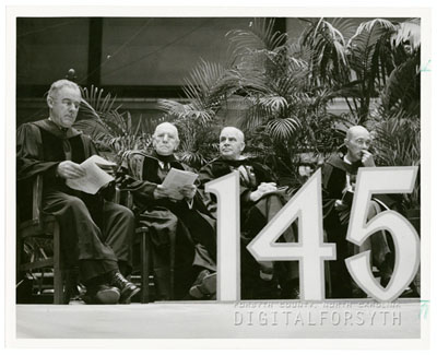 "Celebrarion of the 500th Anniversary of the Moravian Church, Held in Memorial Coliseum, 1957,"  photograph taken March 3, 1957 by Frank Jones.  Bishop Herbert Spaugh is shown on the far left.  Reference ID UZZ_EVJ_2105, from the Forsyth County Public Library Photograph Collection.  Image used courtesy of Forsyth County Public Library Photograph Collection. 