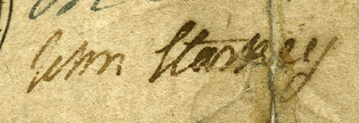 The signature of John Starkey from a 4 shilling bill of credit, 1754. Image from the North Carolina Collection Numismatic Collection, University of North Carolina at Chapel Hill 