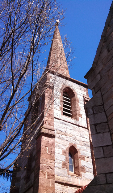 Photograph of the belltower on historic Christ Church, Edenton Street, Raleigh, NC. Photograph by Kelly Agan, 2014.