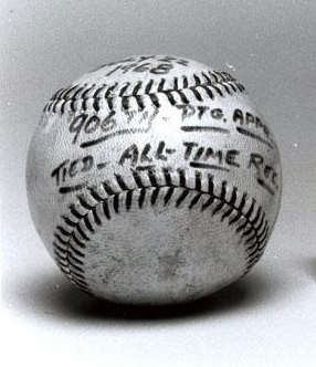 The baseball Hoyt Wilhelm used July 22, 1968, the date he tied Cy Young's record of 906 pitching appearances. "Gear, Baseball, Accession #: H.1981.203.16." 1968. North Carolina Museum of History.
