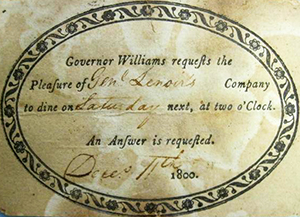 Invitation from Governor Williams to General Lenoir, 1800. Image from the North Carolina Museum of History.