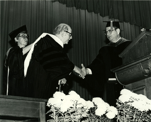 Photograph of Marion Wright receiving an honorary degree at Winthrop University Commencement in 1980. Photograph by Joel Nichols.  Image used courtesy of the Louise Pettus Archives at Winthrop University, Rock Hill, SC. 