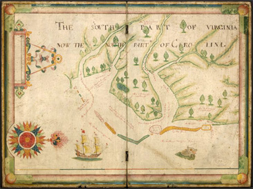 Early colonial map of Virginia and North Carolina, titled <i>The South part of Viginia, now the north party of Carolina,</i> by Nicholas Comberford, created 1657.  From the Stephen A. Schwarzman Building, Manuscripts and Archives Division, New York Public Library Digital Gallery.  