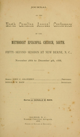 Methodist Episcopal Church, South. North Carolina Conference Jounal, edited by Bain. 