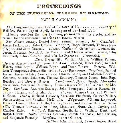 Journal of the proceedings of the Provincial Congress of North Carolina, held at Halifax on the fourth day of April 1776. Courtesy of the North Carolina Digital Collections. 