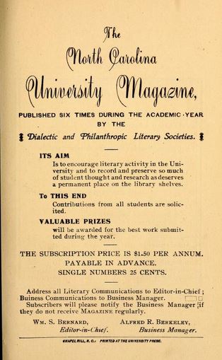 Isseu of North Carolina University Magazine edited by Bernard [1899-900]. Courtesy of University of North Carolina at Chapel Hill. 