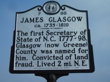 Photograph of the James Glasgow Highway Historical Marker near Snow Hill in Greene County, N.C..  Used courtesy of the North Carolina Highway Historical Marker Program, North Carolina Department of Cultural Resources.