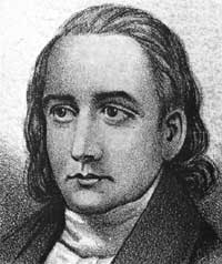 Black and white depiction of John Penn. He has long, dark hair. He has large eyes and neutral expression. He is wearing a suit. 