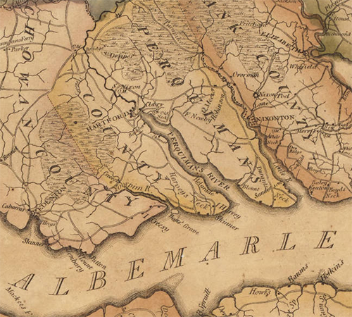 Extract from the Price-Strother Map, 1808, showing the location of Skinner's property on the Albemarle Sound in Perquimans County. Image courtesy of the North Carolina Collection, UNC Chapel Hill.