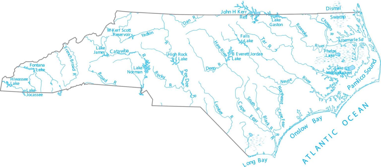 A map of bodies of water in North Carolina.