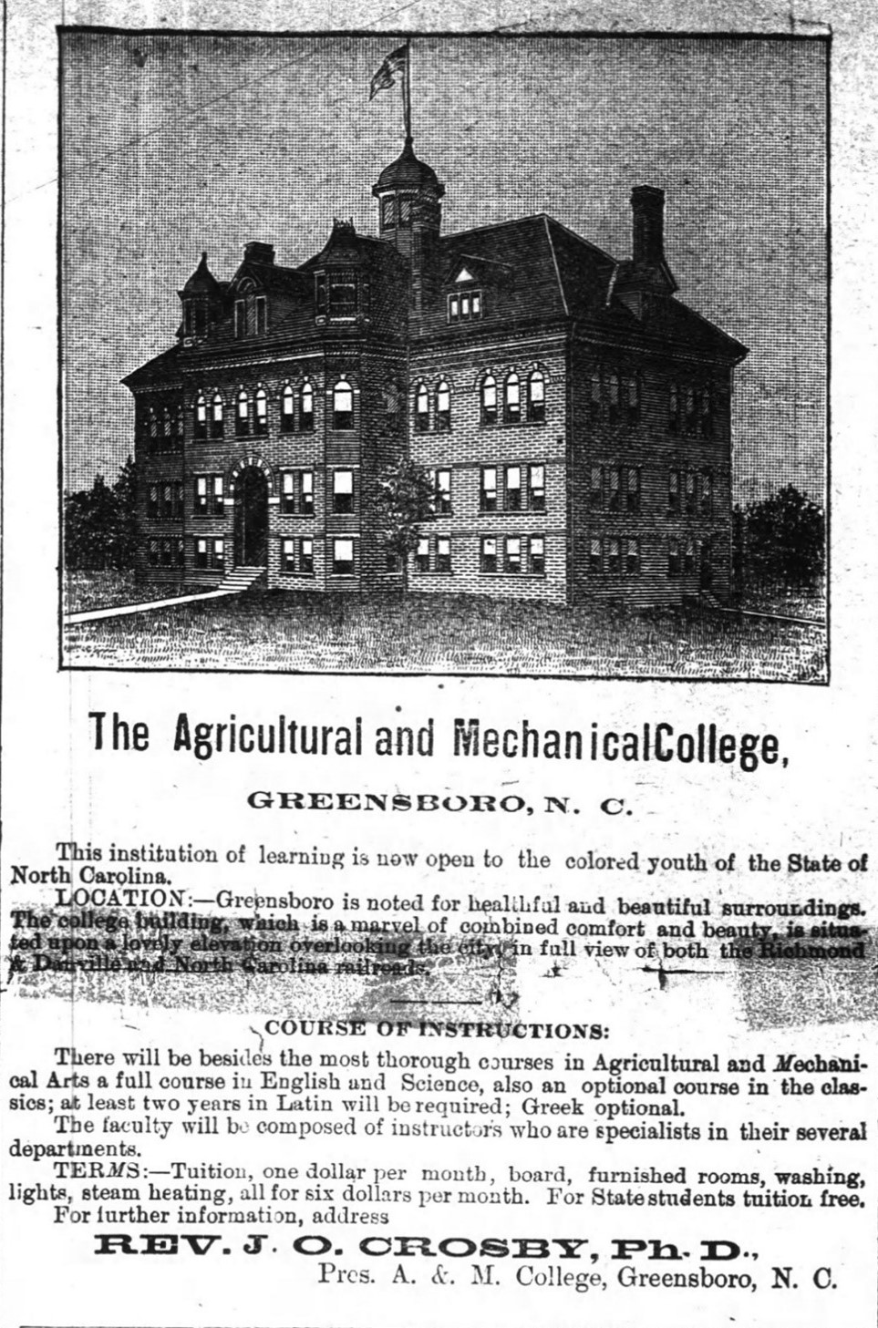 Newspaper ad with image of and information about Agricultural and Mechanical College listing Reverend John O. Crosby as president.