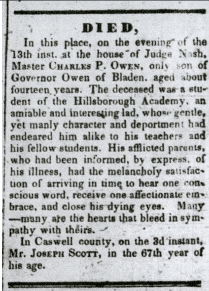 Newspaper clipping. It details the death of Charles Owen, only son of John Owen.