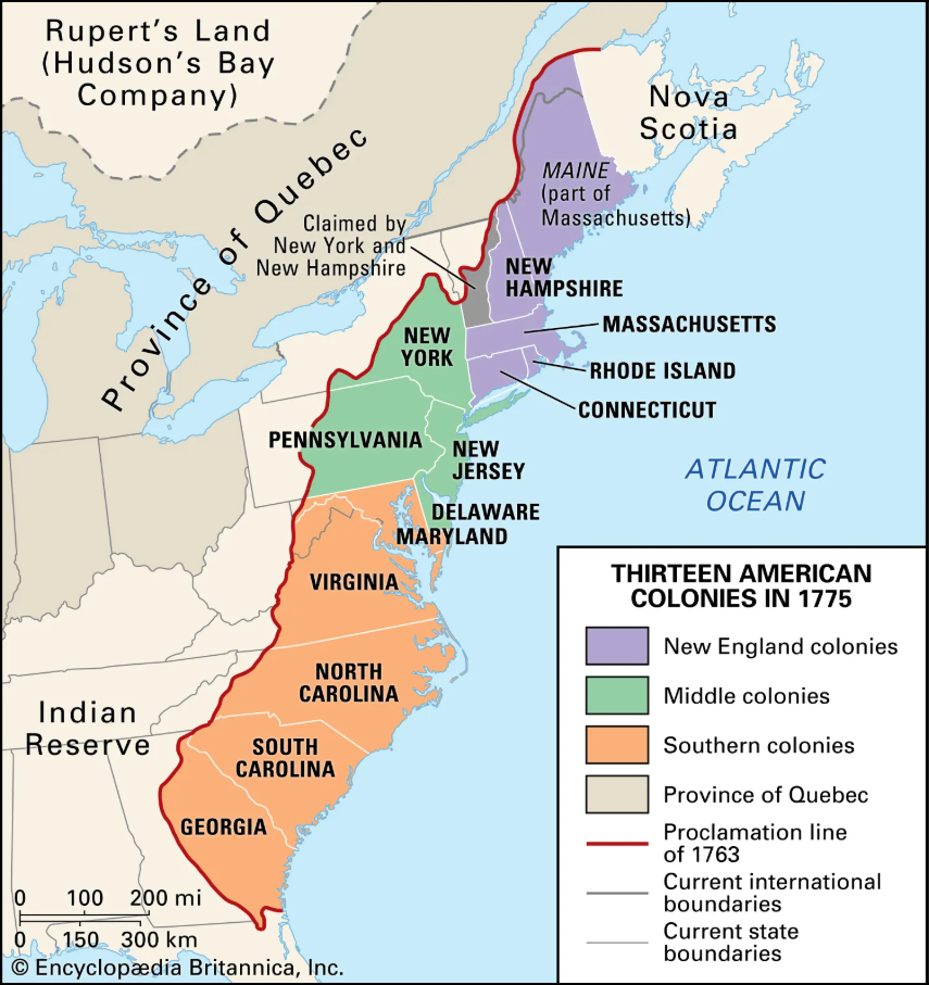 13 original US colonies with a line drawn along their leftmost sides denoting the Proclamation of 1763.