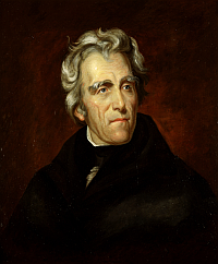 Andrew Jackson. He has feathered hair, a long face, and is wearing a suit. He is probably about 50.