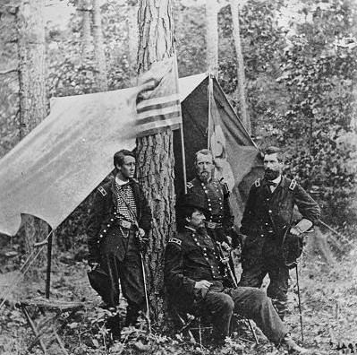 "Petersburg, Virginia. Group of Federal generals: Winfield Scott Hancock (seated), with division commanders, Francis Channing Barlow, (left), David Bell Birney, and John Gibbon." Courtesy of the Library of Congress. 