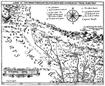 "A map of the whole territory traversed by John Lederer in his three marches." Image courtesy of Research Laboratories of Archaeology , UNC.  