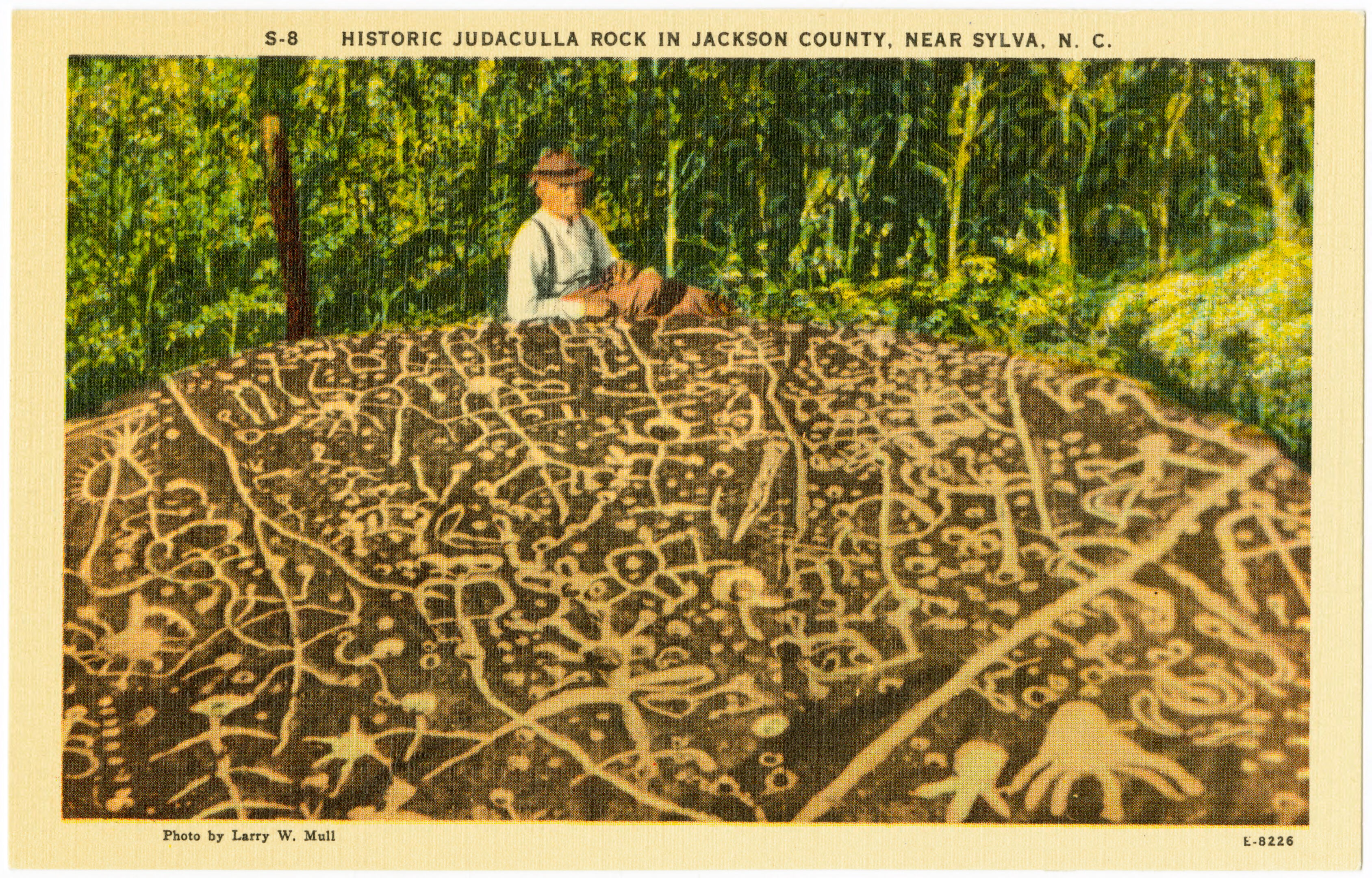 A man sits behind Judaculla rock, a boulder engraved with images that are here highlighted with chalk or paint.