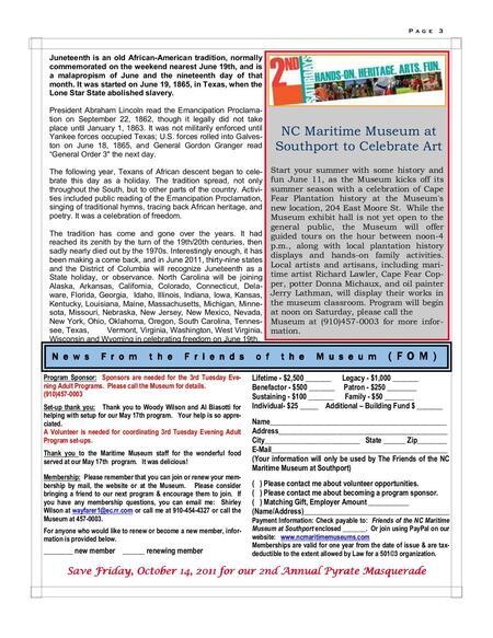 A newsletter from the NC Maritime Museum at Southport with an article about Juneteenth